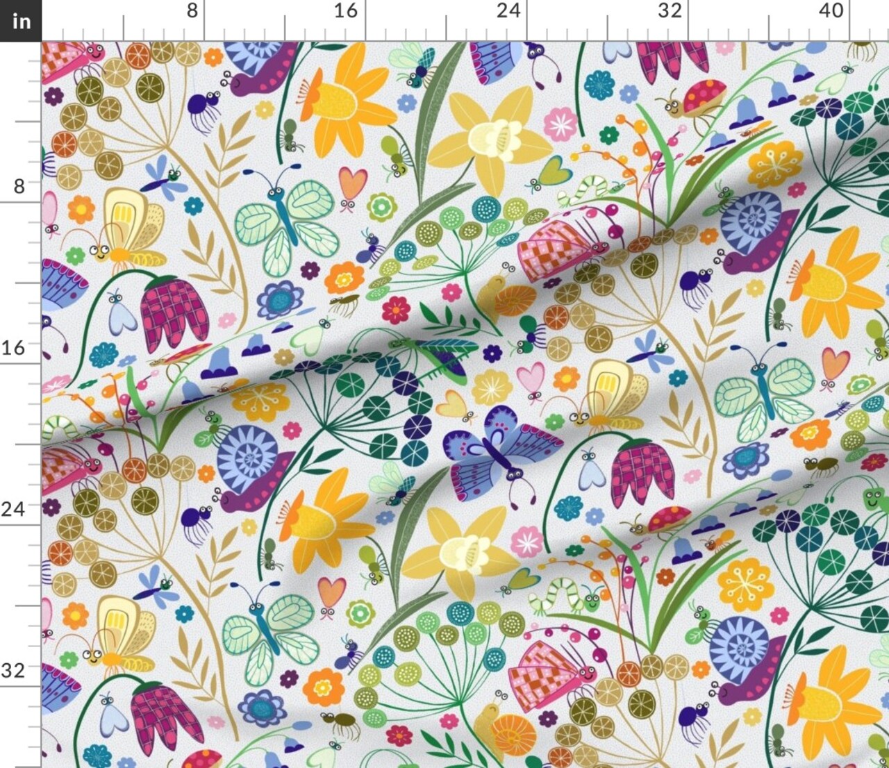 Various Fabrics by the Yard or Fat Quarter Colorful Bugs Whimsical Whimsical Garden Daisies Butterflies Cute Fun Nature Custom Printed Fabric by Spoonflower